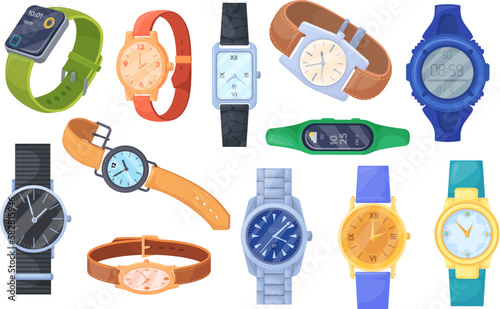 Cartoon wristwatches. Expensive clock for fashion womans and mens, trendy wrist watch pointer on display, luxury accessories female hand smart wristwatch, neat vector illustration