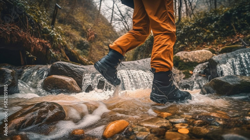 Hiker man in orange pants crossing a river on stones, view of legs