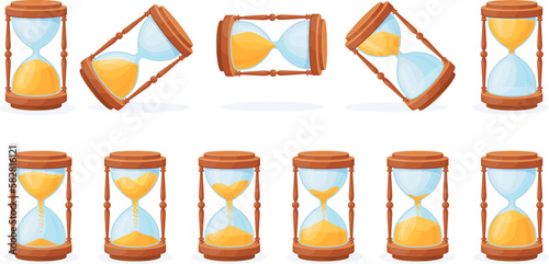 Hourglass animation. Cartoon sandglass key loading animations, sand clock countdown sequencing, retro watch sprite sheet game frame timer elapsing time, ui neat vector illustration