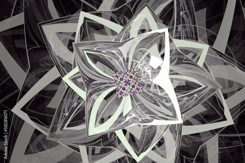 Gray floral pattern of crooked shapes on a black background. Abstract fractal 3D rendering