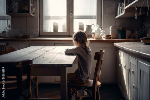 Children are affected by social problems. A child sitting alone at an empty dining table in the kitchen. Back view. Generative AI