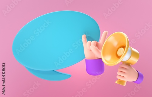 Hand Holding a 3D Megaphone with Speech Bubble. 3D Illustration