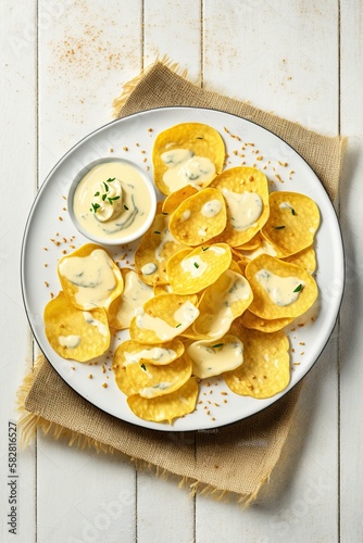 illustration, baked potato chips with cheese sauce on white, ai generative