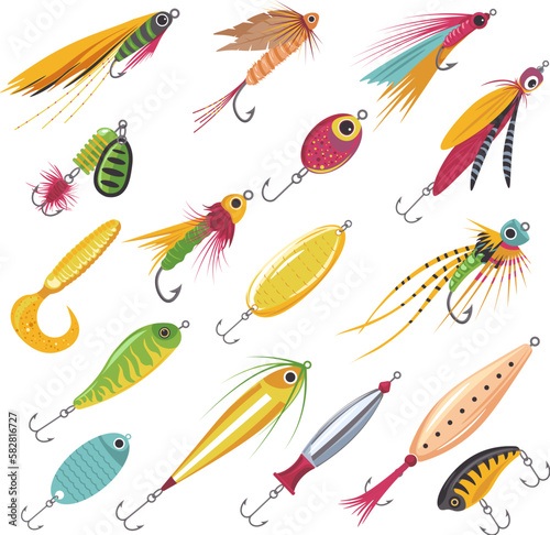 Fishing lures. Fish lure plastic bait crankbait, fishery tackle elements fisher accessories minnow spinning wobbler hand made spoons dragonfly baits, recent vector illustration