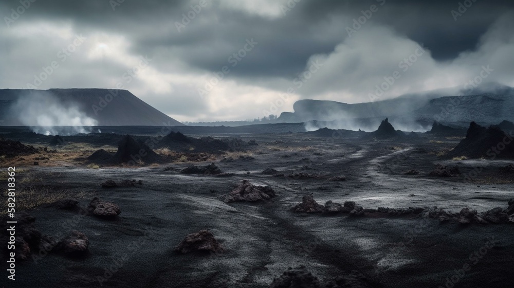 The surreal landscape of a blackened, desolate wasteland, created by a recent volcanic eruption, with a thin wisp of steam still rising from the molten lava. Generative AI