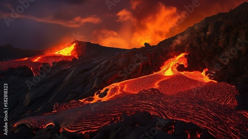 A fiery cascade of molten lava spilling down the side of the volcano, illuminating the surrounding landscape with a warm orange glow. Generative AI