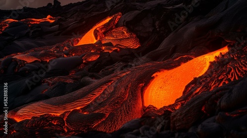 A fiery cascade of molten lava spilling down the side of the volcano, illuminating the surrounding landscape with a warm orange glow. Generative AI