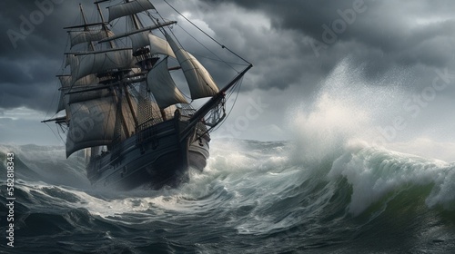 A ship tossed about by towering waves in the midst of a stormy sea Generative AI photo