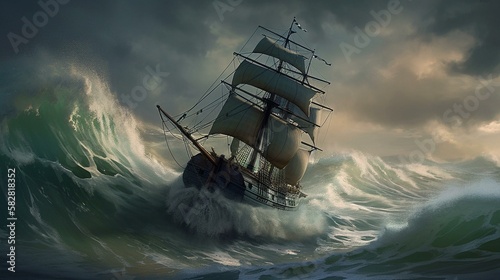A ship tossed about by towering waves in the midst of a stormy sea Generative AI