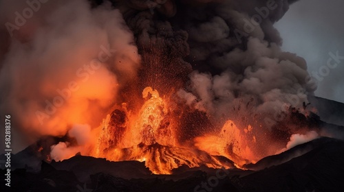 The violent explosion of the volcano, sending a shockwave of ash and debris into the air, as the molten lava spills out of the caldera in a fiery cascade. Generative AI