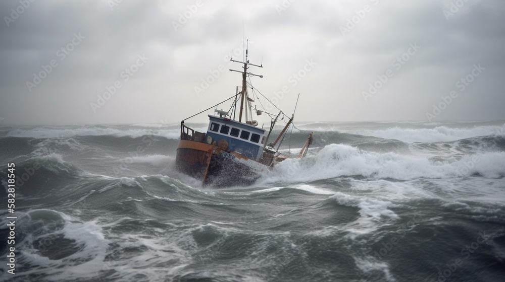 Obraz premium A fishing boat struggling to stay afloat amid the roiling sea and driving rain Generative AI
