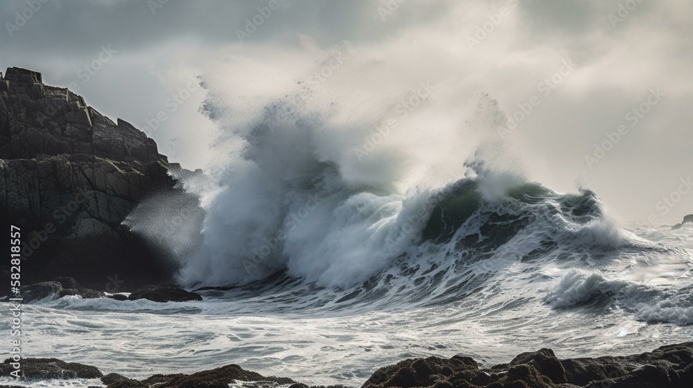 A towering wave crashing down upon a rocky shoreline Generative AI
