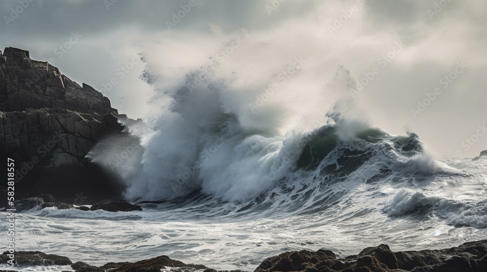 A towering wave crashing down upon a rocky shoreline Generative AI A towering wave crashing down upon a rocky shoreline Generative AI