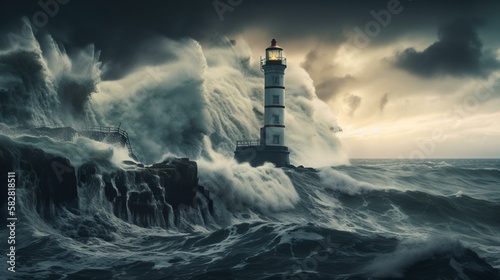 A lighthouse standing tall in the face of a raging storm Generative AI