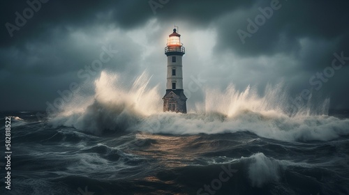A lighthouse standing tall in the face of a raging storm Generative AI