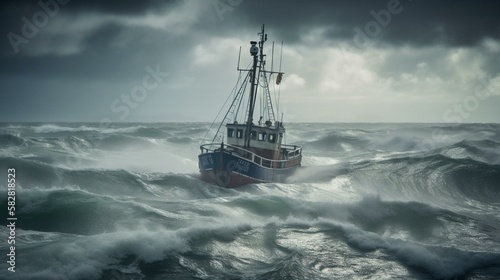 A fishing boat struggling to stay afloat amid the roiling sea and driving rain Generative AI