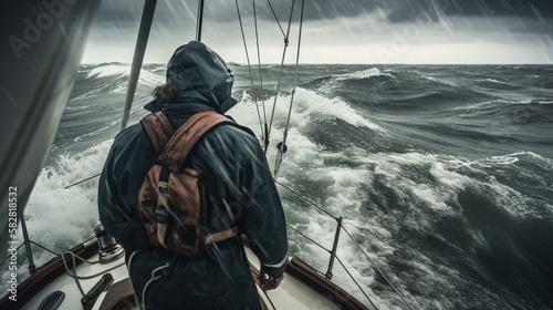 Fotografia A solitary sailor bravely navigating treacherous waters during a tempest Generat