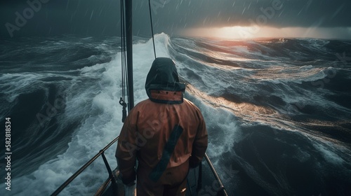 A solitary sailor bravely navigating treacherous waters during a tempest Generative AI