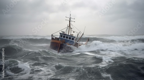 A fishing boat struggling to stay afloat amid the roiling sea and driving rain Generative AI