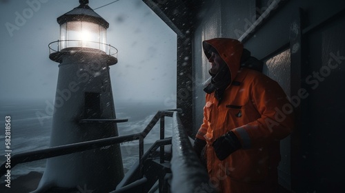 A lighthouse keeper braving the elements to keep the light shining bright Generative AI