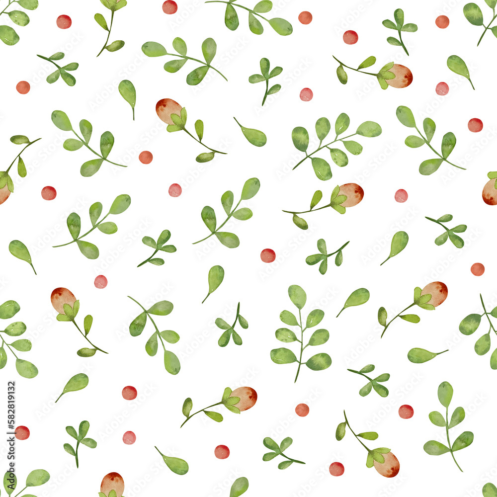 Seamless pattern leaves and red flower buds on the white background. Watercolor background with hand-drown elements. Texture for wrapping paper, fabric, cards. Seamless pattern leaves and red flower buds on the white background. Watercolor background with hand-drown elements. Texture for wrapping paper, fabric, cards.