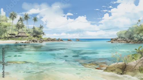 Realistic illustration of a tropical paradise beach with crystal-clear waters and palm trees. Generative AI © Smeagolrex