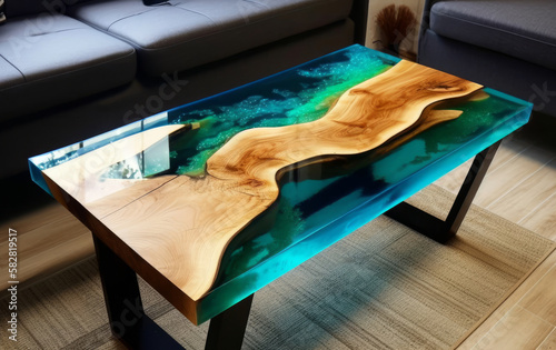 Wooden river table with decorative epoxy blue resin. Generative AI