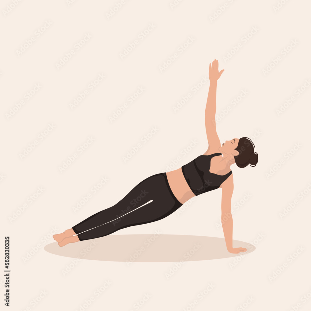 Woman training yoga asana Side Plank Pose, Sage Vasistha's Pose. Young girl practicing Vasisthasana on light background, vector illustration