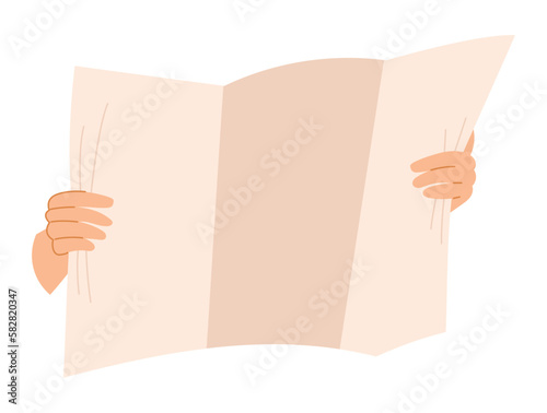 Hands holding paper newspaper or map. Vector isolated flat illustration.