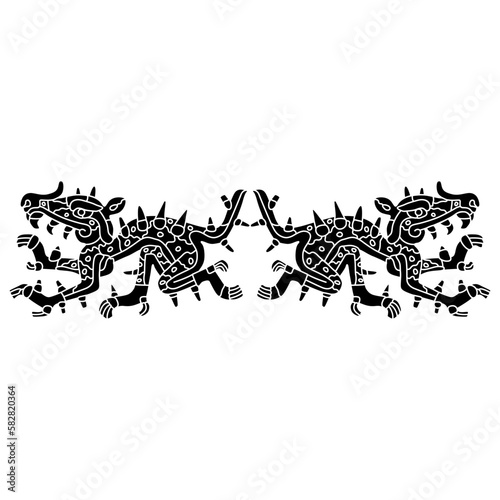 Symmetrical ethnic design with two fantastic monster animals. Cipactli. Aztec mythology. Native American design from Mexican codex. Black and white silhouette. photo