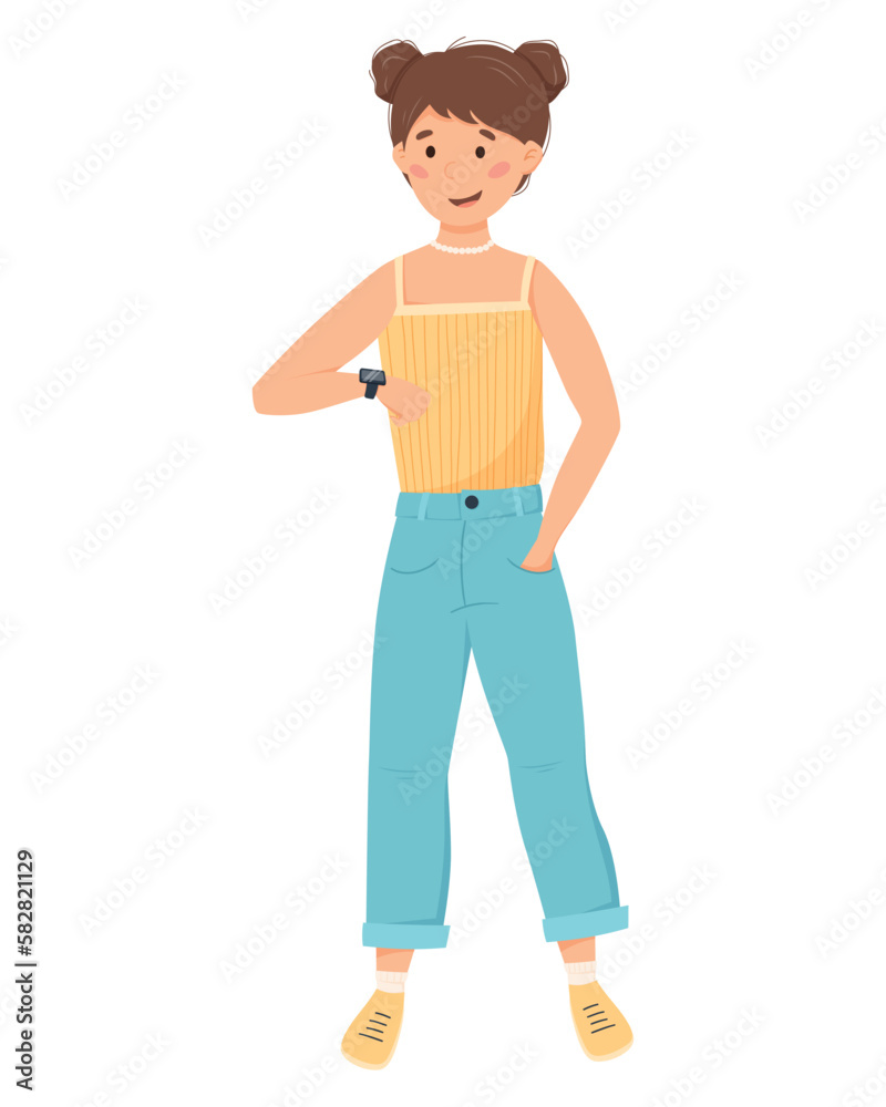 Girl with smart watch on her wrist. Woman looking at fitness bracelet. Sharing Geolocation. Vector isolated flat illustration.