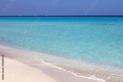 Tropical beach with white sand on a ocean, view to blue waves and sky. Caribbean coast, background for holidays on a paradise nature
