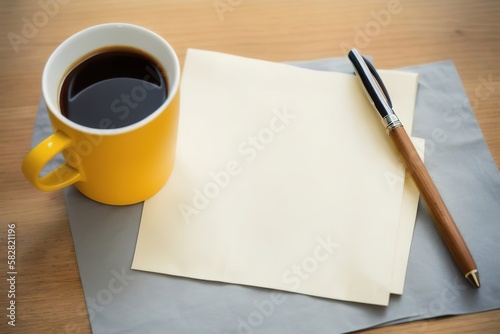 A mug with coffee on the table  a pen lies on a napkin for notes  mockup composition  Generative AI.