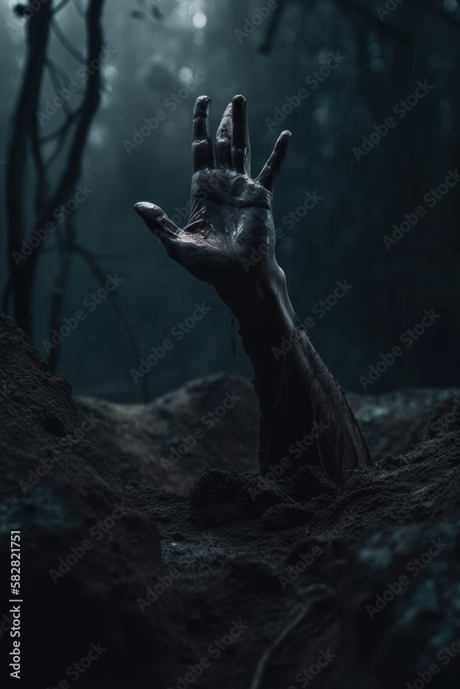 Decay and Disgust Zombie Hand for Halloween Poster, Terror movie scene, GENERATIVE AI