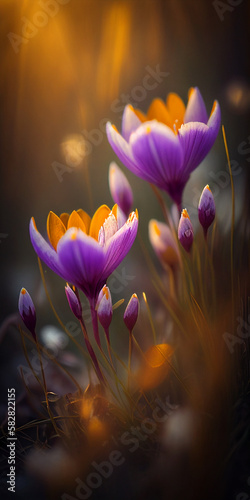 Crocuses with sunny background. AI generated illustration