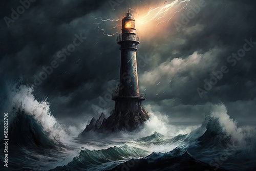 Ray of Hope in Unsettled Seas- A Remarkable Lighthouse Illustration Generative AI