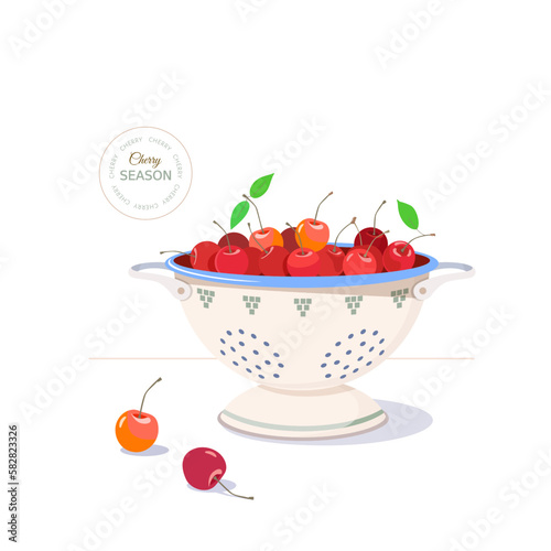 Ripe red cherry berries in  Scandinavian-style milk-colored kitchen colander on the table. Side view. Vector illustration on white isolated background in cartoon style.  