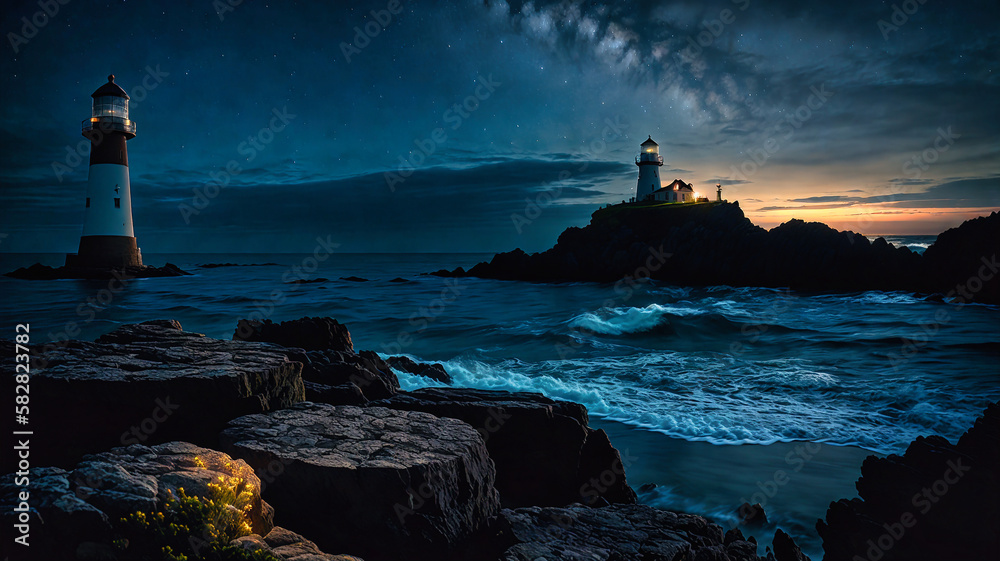  night view of a lighthouse with glowing light on top of a rocky outcropping with the ocean and mountains in the background, generative AI