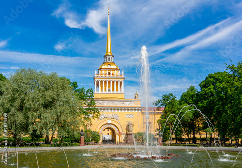 Fountain at Admiralty building in Alexander garden, Saint Petersburg, Russia