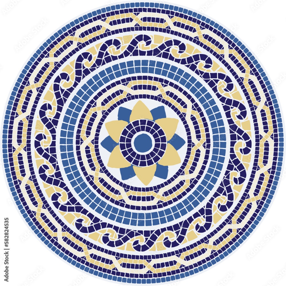 Mosaic circular ornament in blue and yellow colors. For ceramics, tiles, ornaments, backgrounds and other projects.