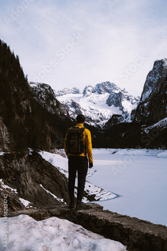 Young man hiking on the winter moutains, winter alp © V.Klapi