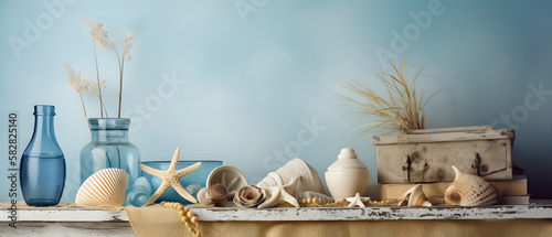 Beautiful holiday at beach with shells decorative background - generative AI ocean sea background
