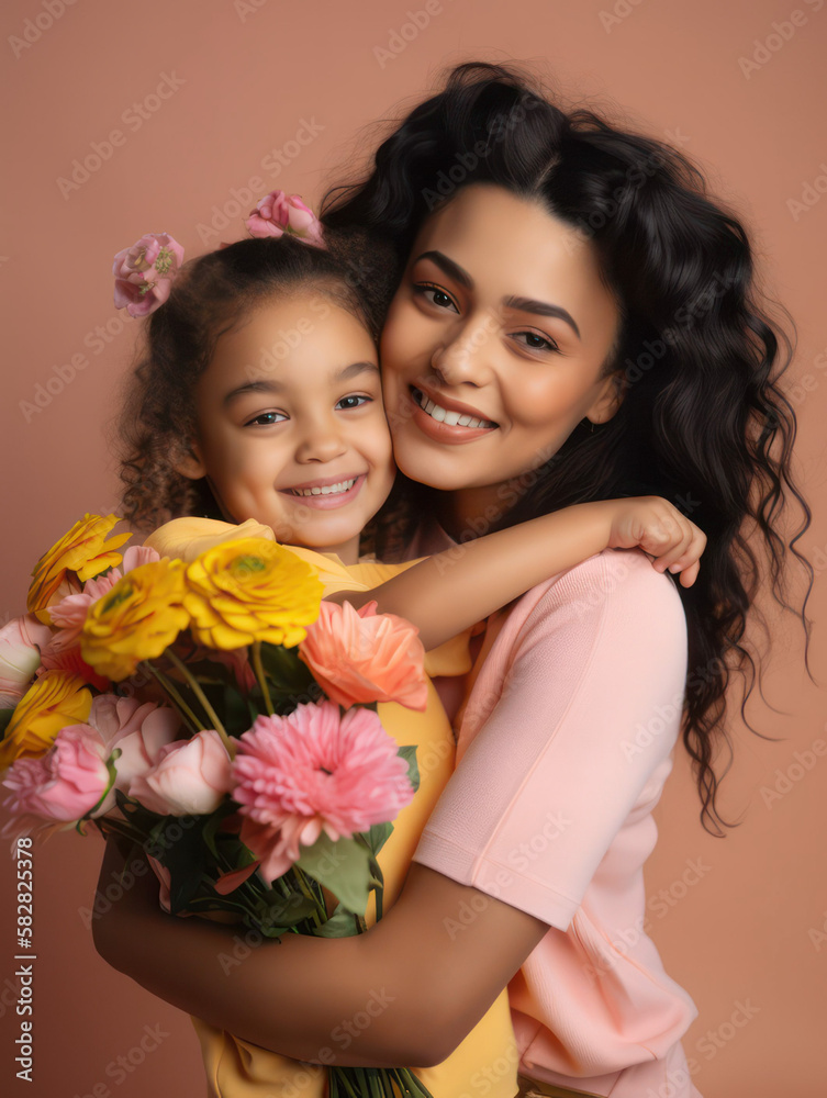 Happy mother with her daughter in her arms and flowers. the concept of happiness. Mother's Day. Ethnic diversity. Generative AI Happy mother with her daughter in her arms and flowers. the concept of happiness. Mother's Day. Ethnic diversity. Generative AI