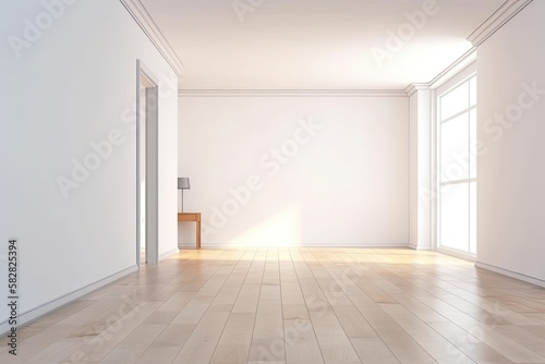 Model of an empty room with a white painted wall and parquet flooring. example of a living room that is empty for interior design. Generative AI