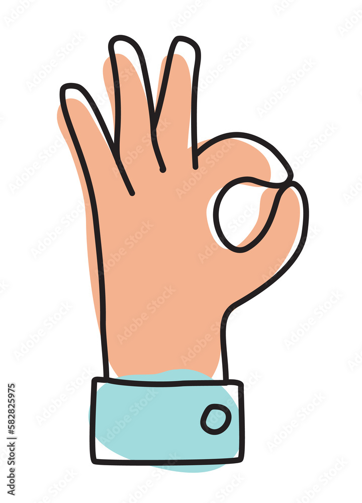 Obraz premium Doodle ok symbol icon or logo, hand drawn gesture sign in line art style with contemporary naive style coloingr. Png clipart isolated on white background