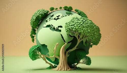 green tree with world Saving environment, save clean planet, ecology concept. Card for World Earth Day photo