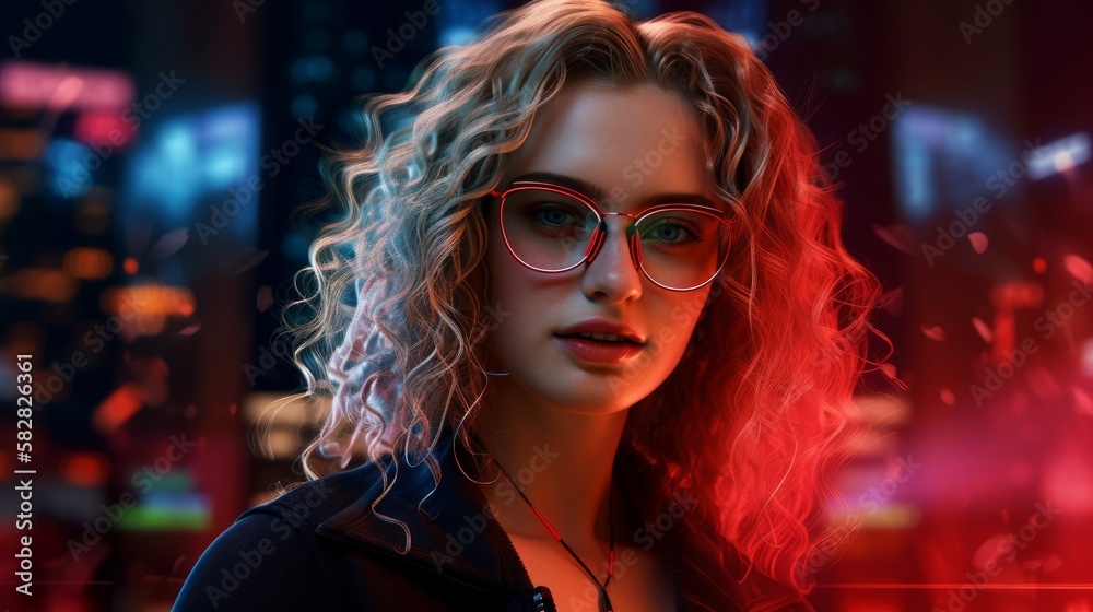 Smiling Woman with Blonde Hair in Neon Cyberpunk Setting. Generative AI. Smiling Woman with Blonde Hair in Neon Cyberpunk Setting. Generative AI.