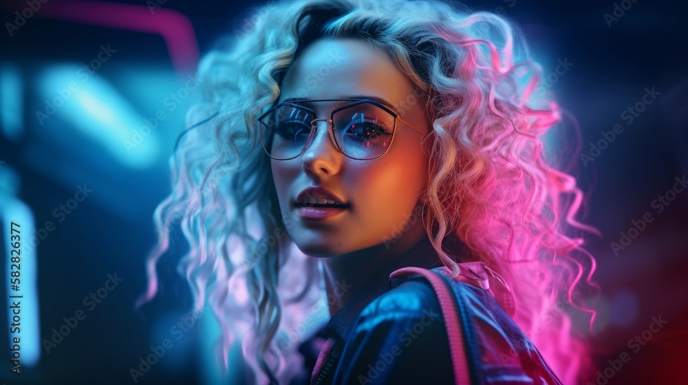 Smiling Woman with Blonde Hair in Neon Cyberpunk Setting. Generative AI.