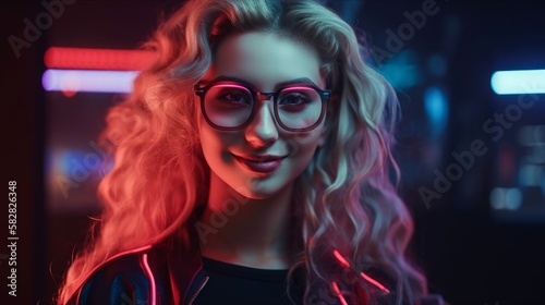 Smiling Woman with Blonde Hair in Neon Cyberpunk Setting. Generative AI.