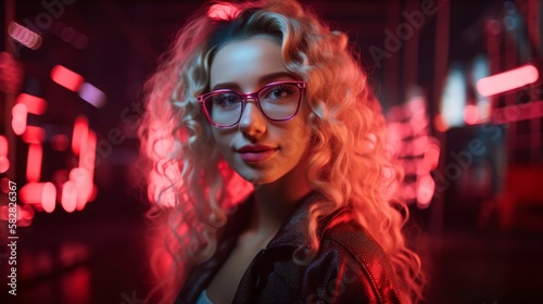 Smiling Woman with Blonde Hair in Neon Cyberpunk Setting. Generative AI. © bomoge.pl